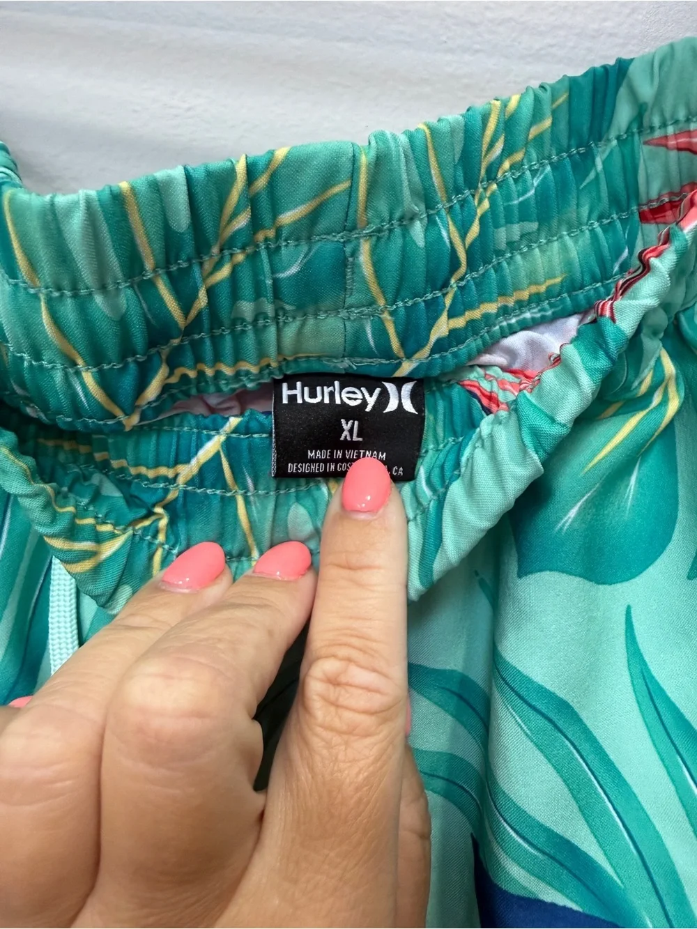 Hurley Men’s Teal Tropical Swim Trunks with Red Leaf Print